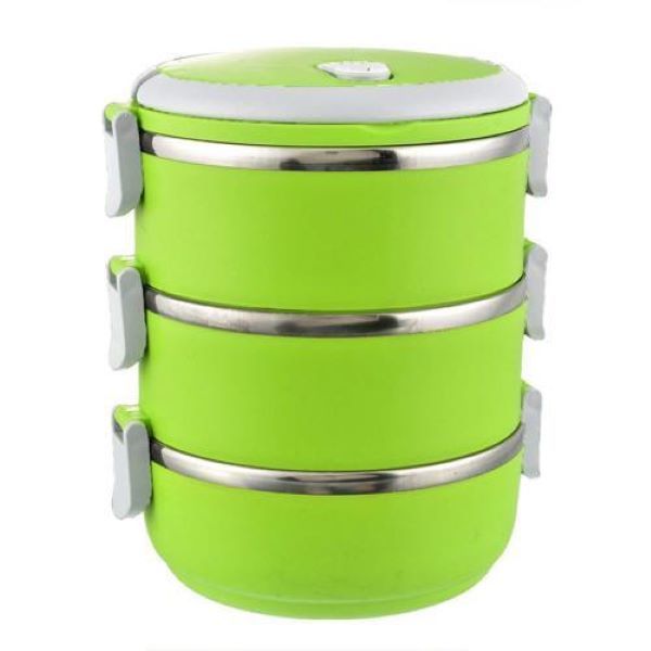 3 Layers Stainless Steel Insulated Lunch Box with Lock Clip - Green