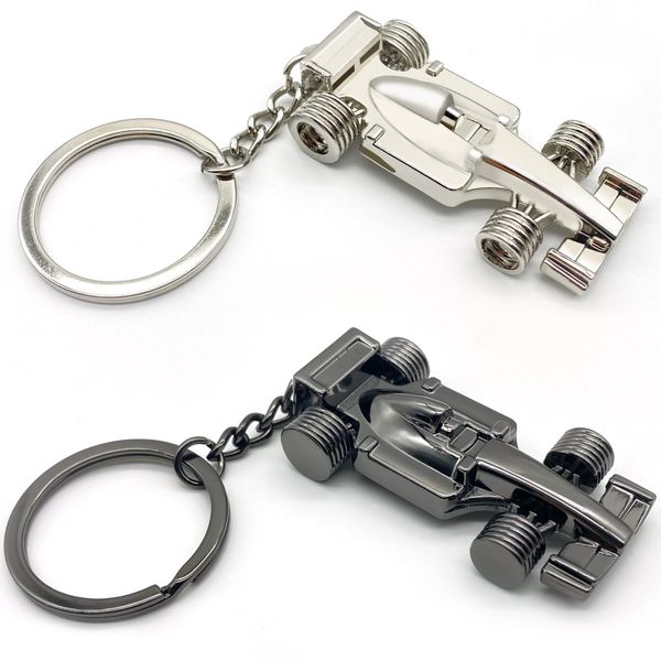 2Pcs Racing Car Stainless Steel Keychain, Silver &amp; Black