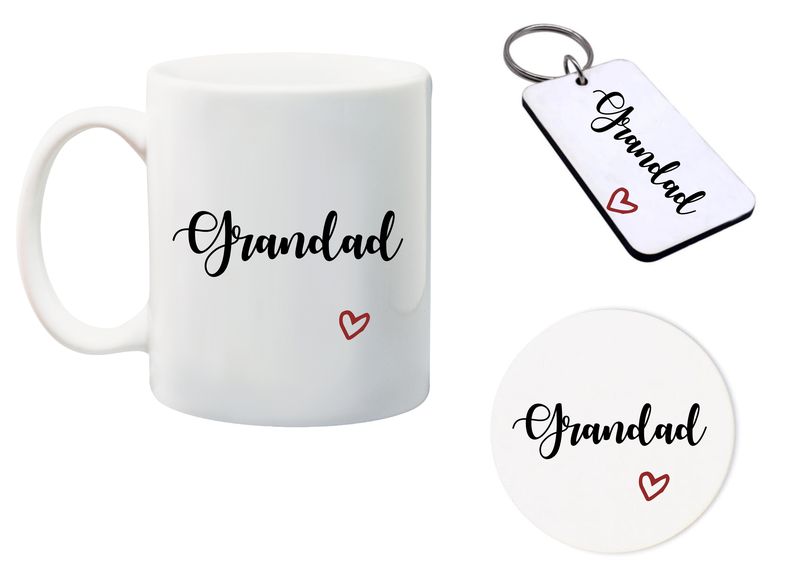 Grandad Mug, Glass Coaster and Matching keyring gift Combo