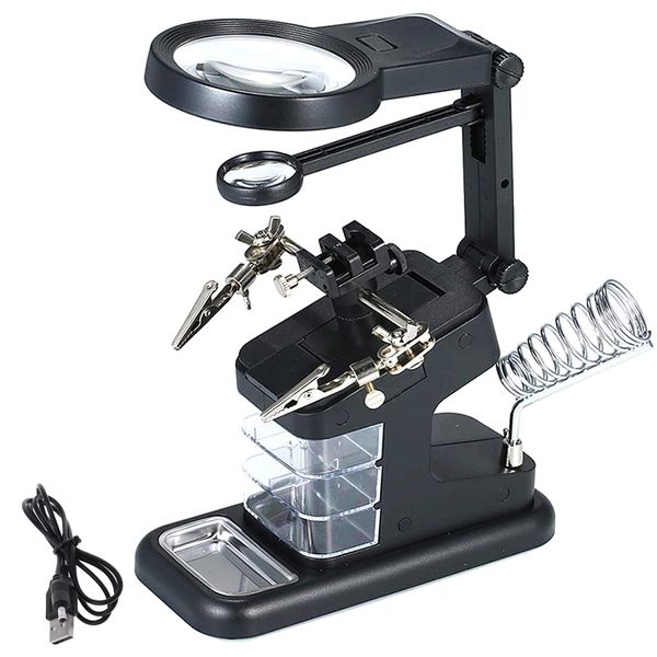 3X/4.5X/25X USB Lighted Magnifying Glass Stand with 3 Tool Boxes Black