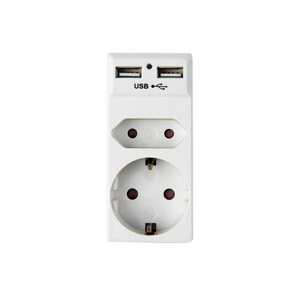 Schuko Adapter 1x2 Pin Euro And 1xSchuko C/W Usb 5V/2.1A