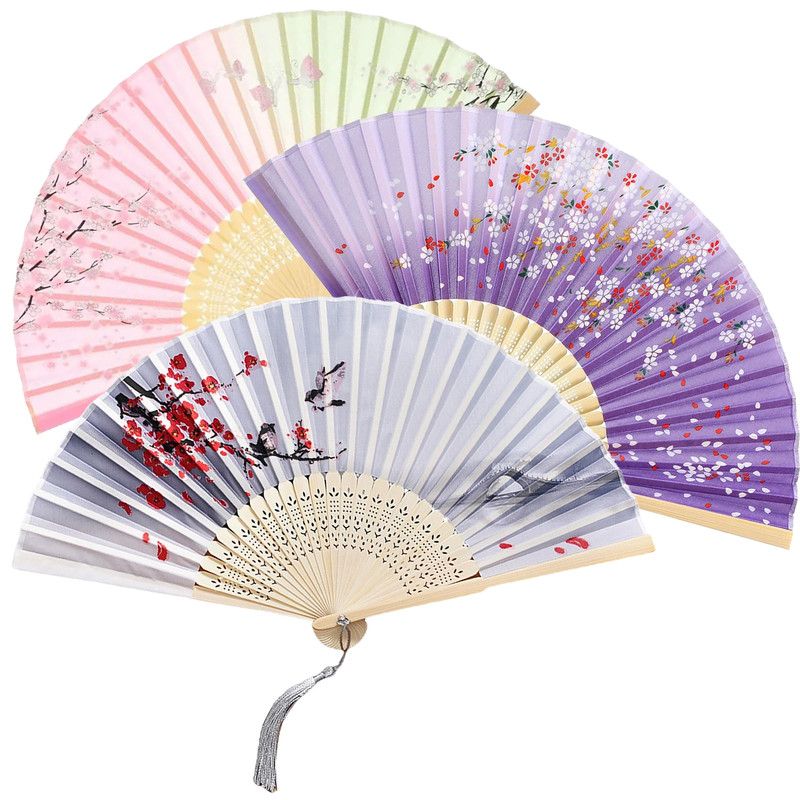 3 PCS Handheld Bamboo Fans Silk Folding Fans with Tassel & Bamboo Frames
