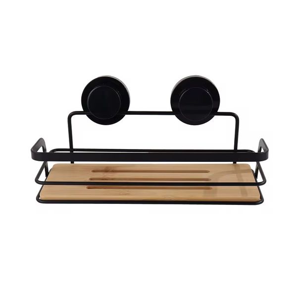 Bathroom Shelf Organizer - Wall Mounted Black Metal &amp; Wood Storage Rack