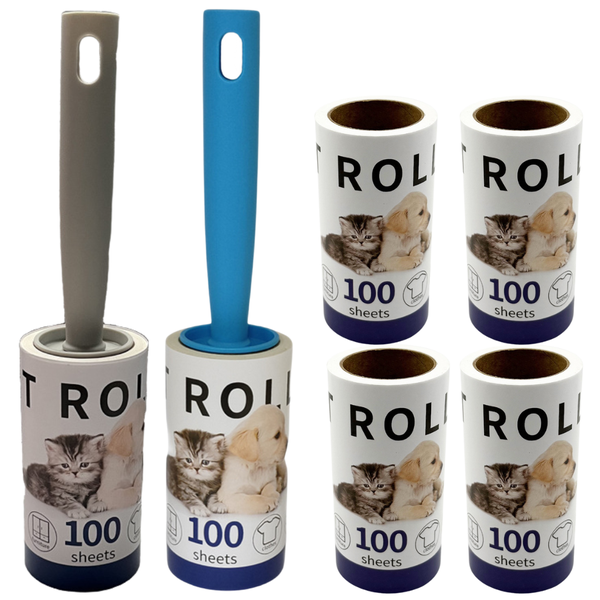 Pet Lint Roller Set with 2 Handles and 4 Extra Refills (600 Sheets Total)