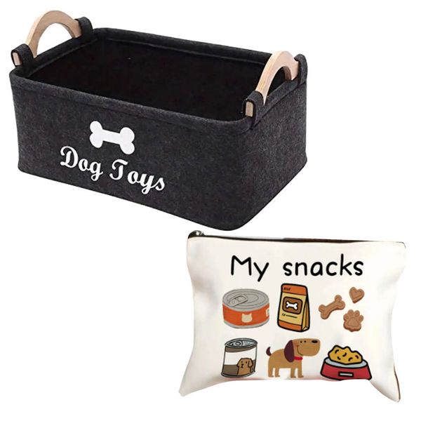 Pet Luggage Dog Toys Storage Basket &amp; Travel Canvas Treat Snacks Set Of 2