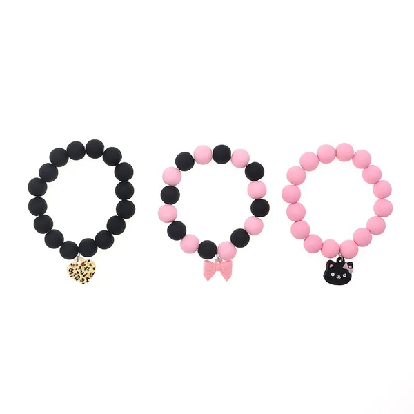 Black Cat Bowtie Heart Charm Stretch Beaded Bracelet