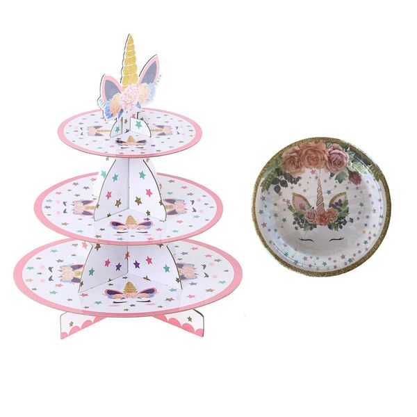 3 Tier Unicorn Cupcake Stand &amp; 10 Unicorn Paper Plates