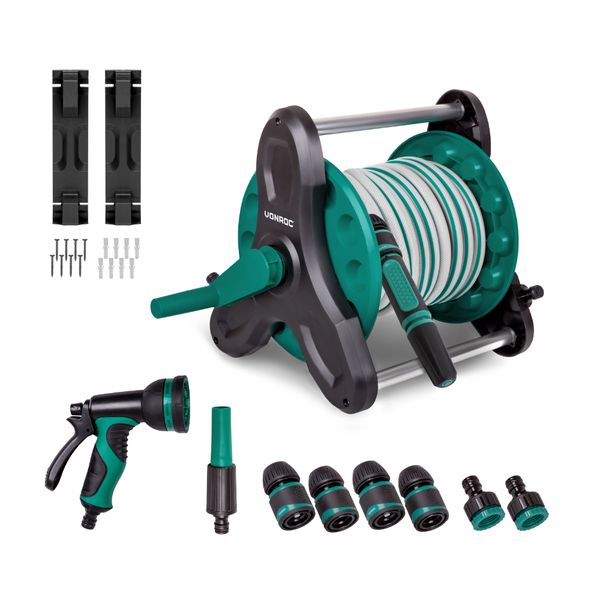 VONROC Hose Reel Complete Set - 15m Garden Hose