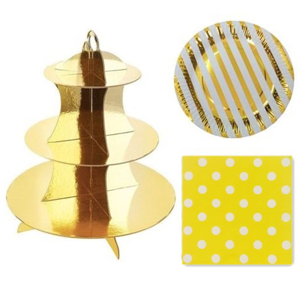 Party Set Decor - 3 Tier Reusable Cupcake Stand &amp; 6 Paper Plate &amp; Serviette