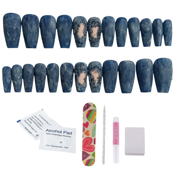 Handmade Medium Coffin Denim Textured Press-On Nails - 24 Nails + Kit