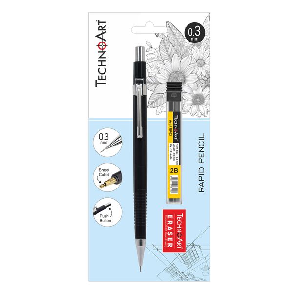 TechnoArt Mechanical Pencil 0.3mm with leads and eraser 2B
