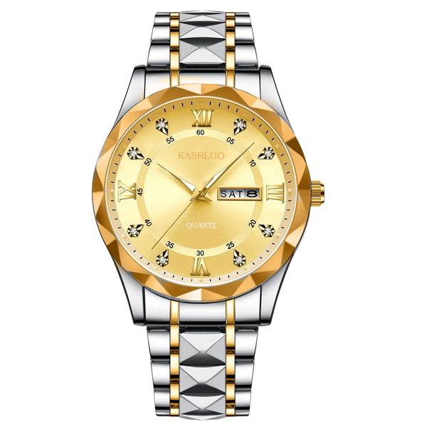 Men's Two-Tone Quartz Watch - Gold Dial with Date and Day Display
