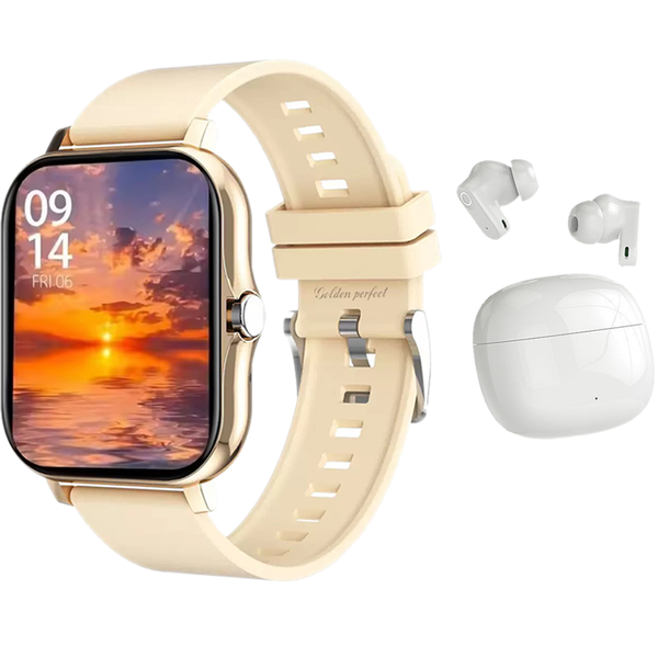 Golden Perfect Smartwatch &amp; Wireless Earbuds Set - Milanese &amp; Pink Strap