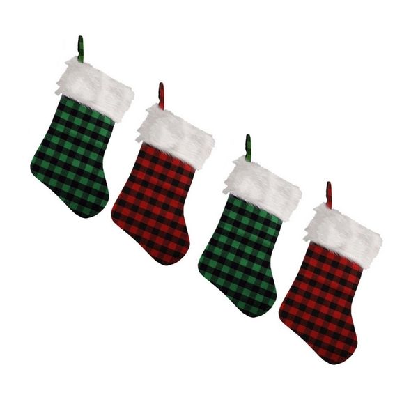 Checkered Christmas Stockings - Green &amp; Red (Pack of 6) 40cm