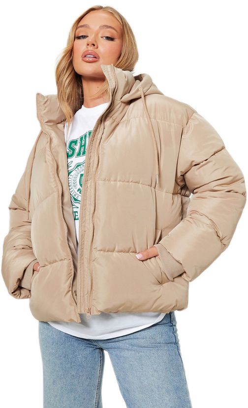 I Saw It First Ladies - Stone Regular Hooded Zip Through Padded Coat ...