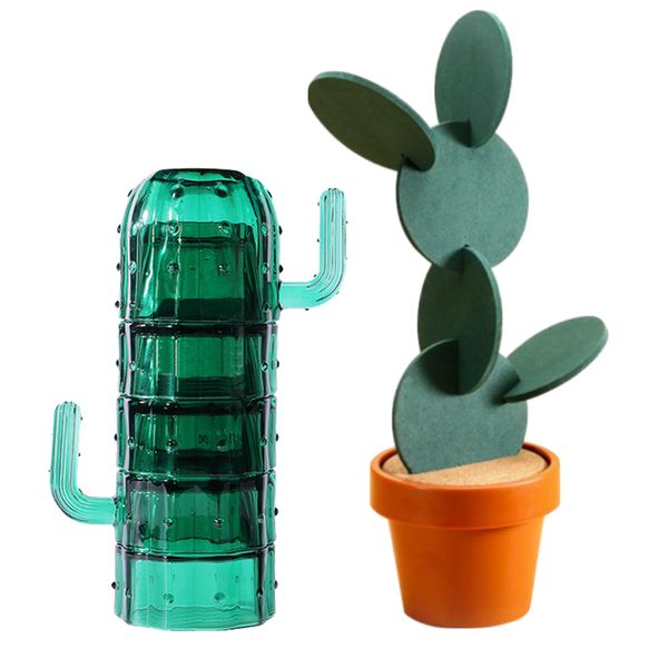 Kitchen Decor Glass Cactus Cups Set of 4 &amp; Cactus Cup Coaster Set of 6