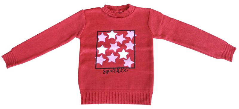 Kids Red Sparkle Star Long Sleeve Ribbed Cuffs Warm Knit Sweater
