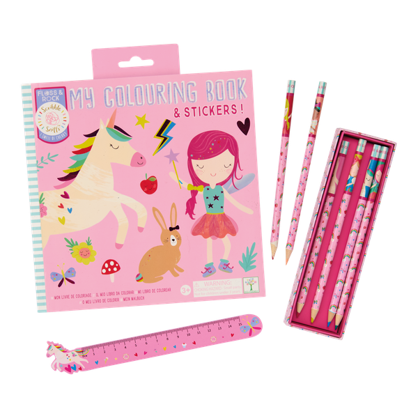 Floss &amp; Rock Colouring Book, Pencils and Ruler Set Rainbow Fairy