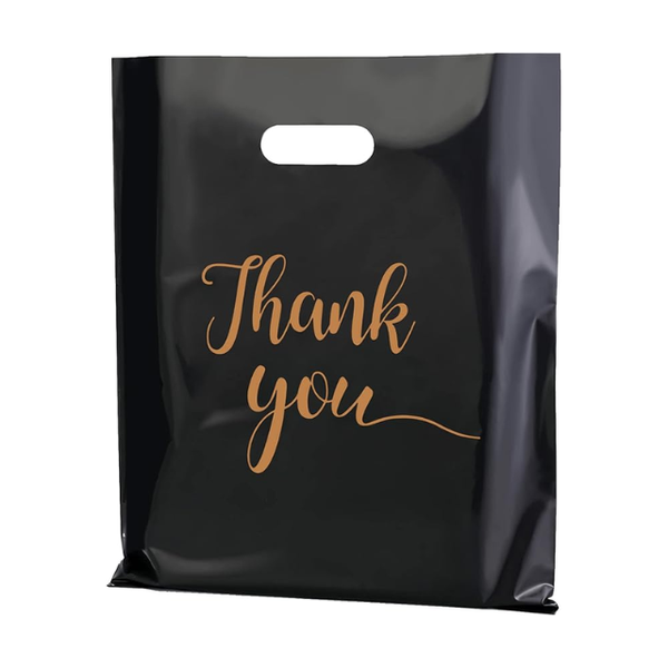 100 Pack Black Thank You Plastics with Handles for Business Packaging 35x45
