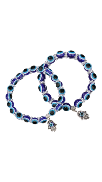 Two Piece Evil Eye Detail Hamsa Charm Beaded Bracelets.
