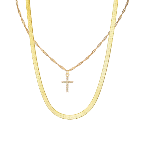 Herringbone &amp; Cross Necklace Combo - Layered Gold Minimalist Jewelry Gift