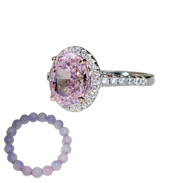 Silver-Plated Pigeon Egg-Shaped Pink Diamond Ring And Crystal Bracelet