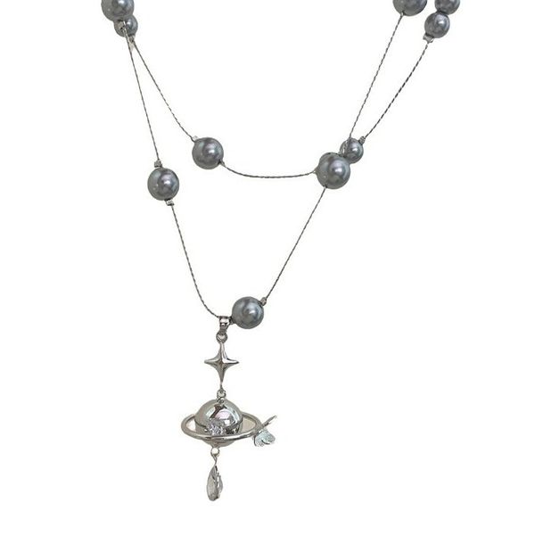 ZELTRYN Diamond Studded Saturn Pearl Pendant Necklace