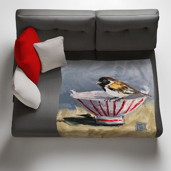 Bird Cup with Red Light Weight Fleece Blanket by Juanette Menderoi