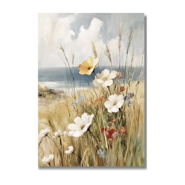 French Coastal Daisy Landscape Canvas Print | UNFRAMED