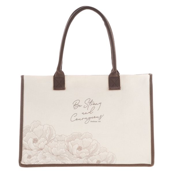Cotton Canvas Tote Bag - Be Strong and Courageous, Dahlias, Cream
