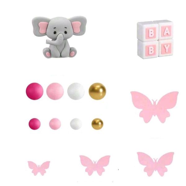Elephant &amp; Butterfly Cake Topper Set - Pink - 32 Piece