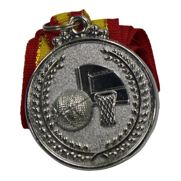 Medal - Basketball Alloy Metal Medal with Ribbon - 50mm Diameter - Silver