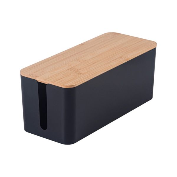 Bamboo Cover Cable Management Storage Box - Black