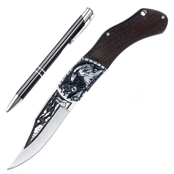 Engraved Wooden Handle Folding Knife with Added Pen