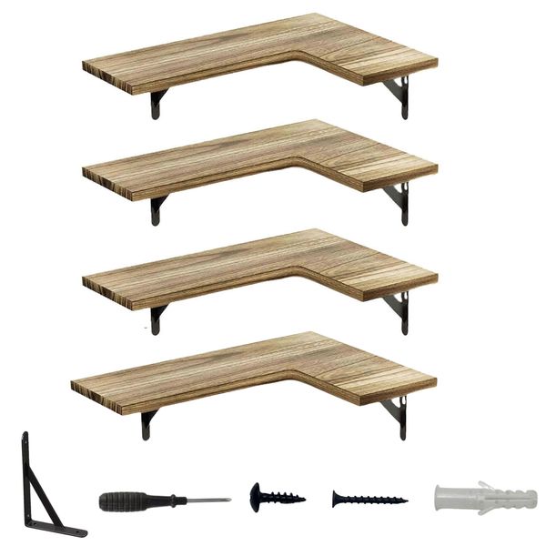 Bestby- Wall Mounted L-Shaped Wood Corner Shelf with Metal Rack (Set of 4)