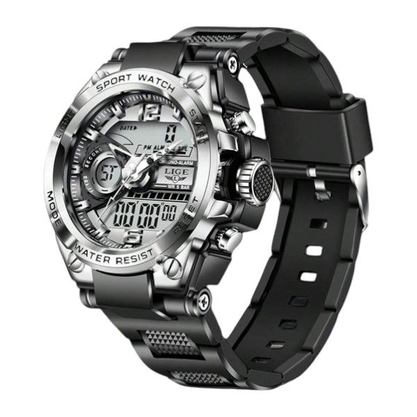 LIGE-Dual Display Mens' Watch With Water Resistance &amp; Luminous Hands-Silver