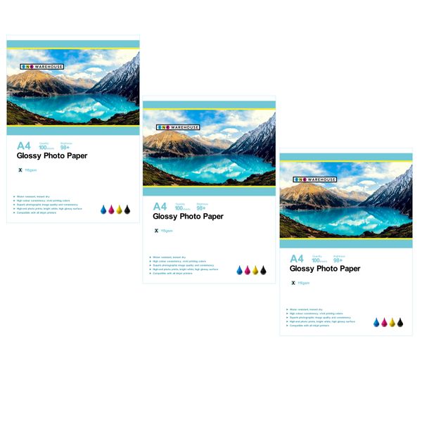 INKWAREHOUSE A4 Single Sided Glossy Photo Paper 100 Sheets 115 gram x 3