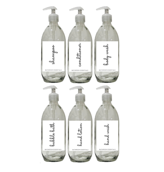 Luxe Glass Bottle Dispenser 6 Piece Set- Refilable 500ml - MadeinSA CLR/CLR