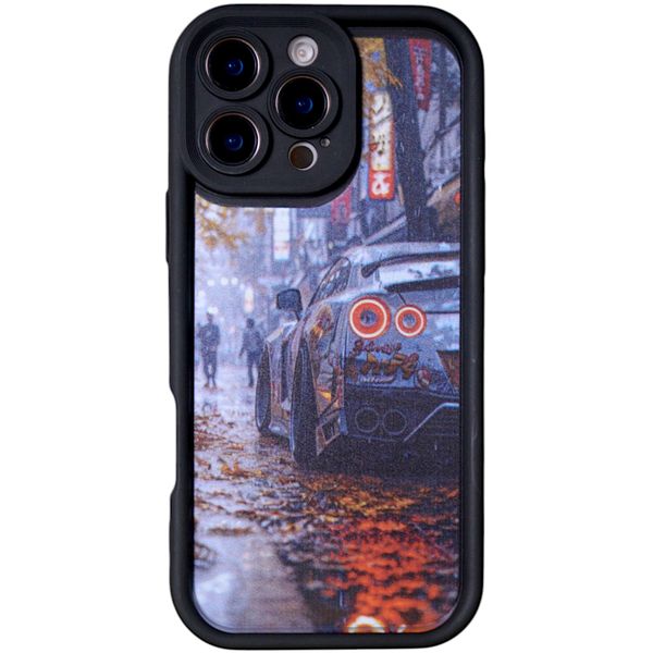 Phone Case with Sports Car Print and Bubble Edge - 16 Pro Max - Black