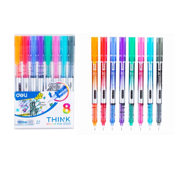 Deli Roller Gel Pen Needle tip 0.5mm 8 colours Wallet, 2 value pack