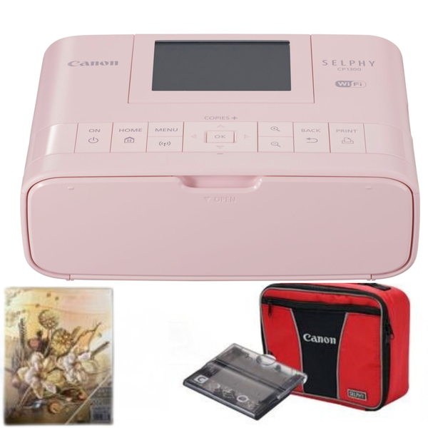 Canon Selphy CP1300 Photo Printer, Bag, Tray, Album Bundle - Pink