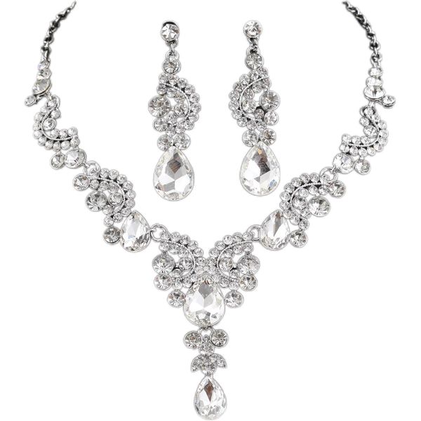 Vintage Style Sparkling Waterdrop Crystal Tassel Necklace &amp; Earrings Set -