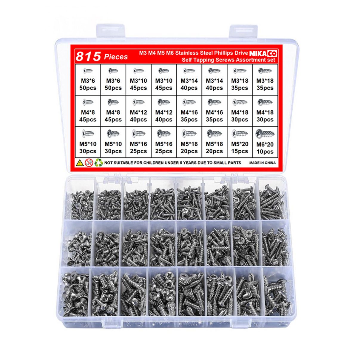 MIKaco-Self Tapping Screw Set - 304 Stainless Steel - 24 Sizes - 815 Piece