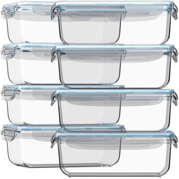 8 Pack 1L Glass Meal Prep Containers Leak Proof Lids Airtight Food Storage