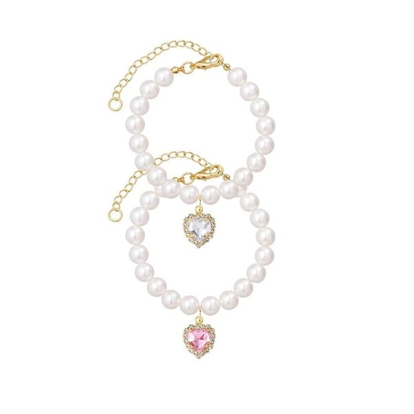 2 Piece Adjustable Cat Dog Pearl Collar Necklaces Heart Shape Rhinestone
