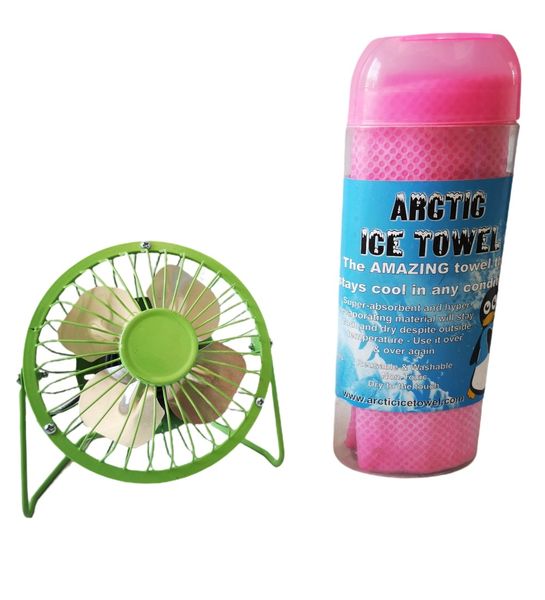 USB Mini Desk Fan &amp; Arctic Ice Towel Combo Set - Assorted Colours