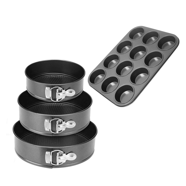 Round Non-Stick Cake Baking Mould 3 Pieces And Muffin Pan 12 Cup Basic