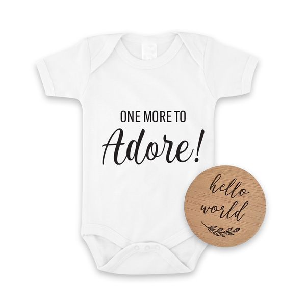 One More To Adore Pregnancy Announcement Baby Onesie &amp; Hello World Disc Set