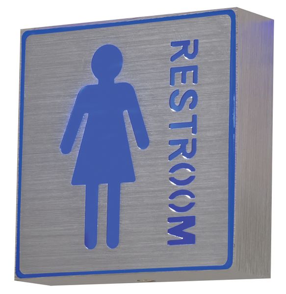 Blue Female Restroom Sign In Brushed Silver