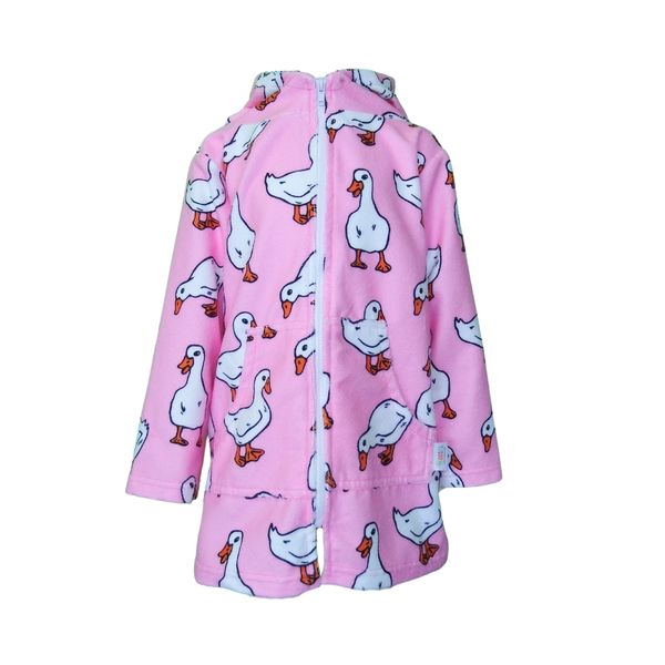 Kids Hooded Beach Towel, Full Zip, Long Sleeves Pink Ducks